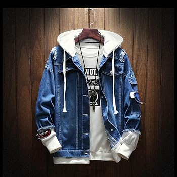 Knitted Hooded Denim Jacket Men Patchwork Jeans Coat Male Knitted Hooded Denim Jacket Men Patchwork Jeans Coat Male